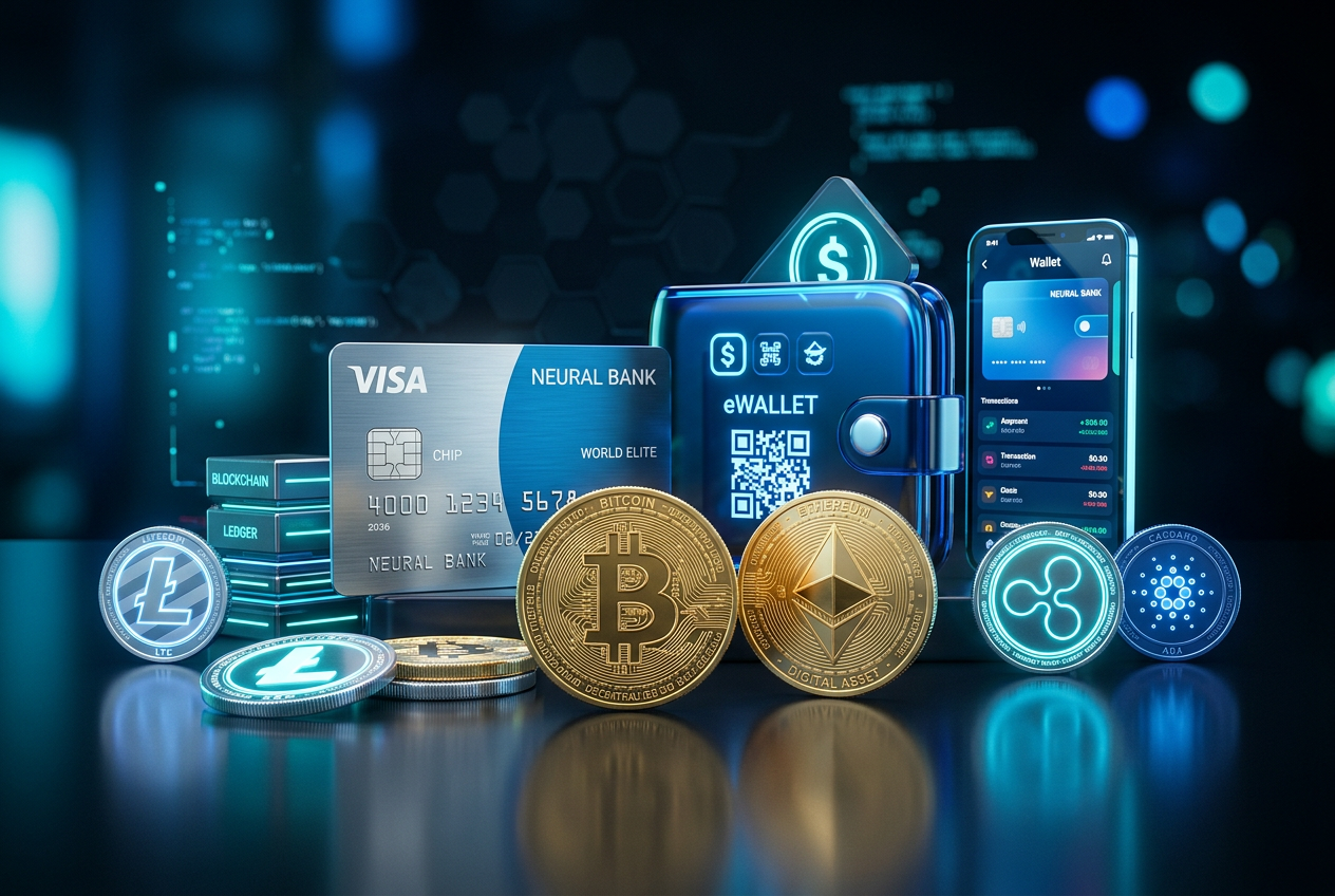 A composition of various secure payment icons including credit cards and digital wallet symbols.