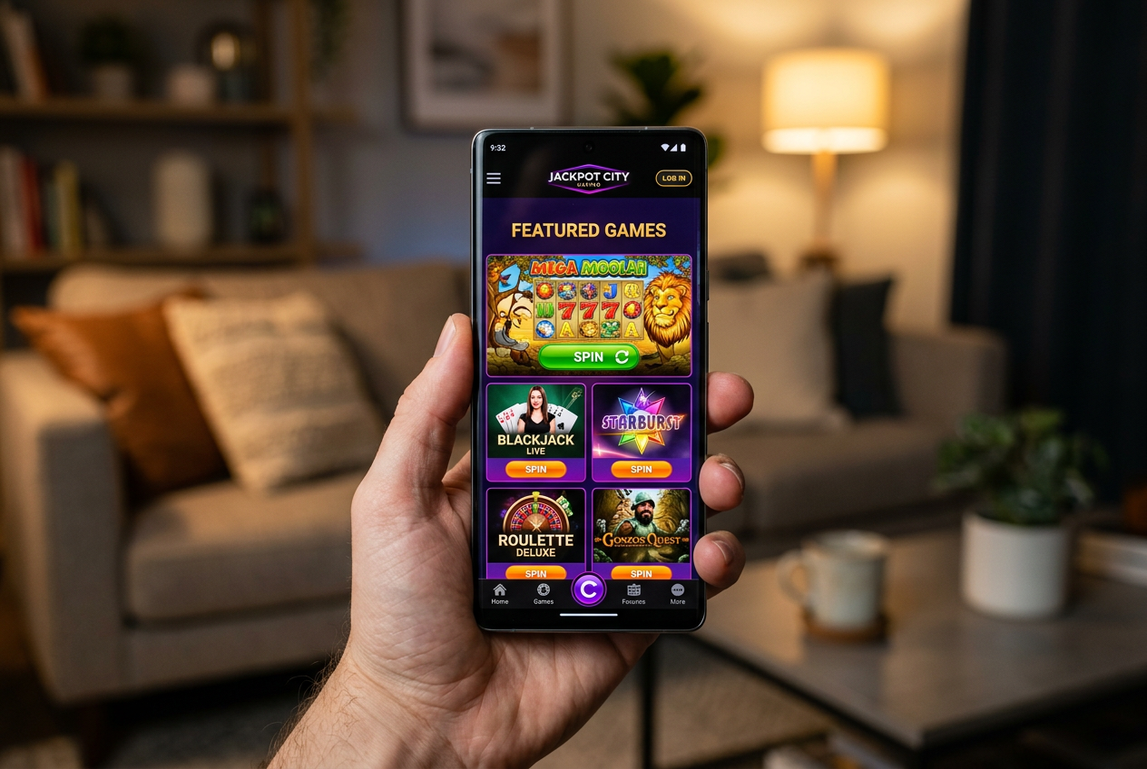 A modern smartphone screen showing a casino lobby with colorful slot machines and table games.