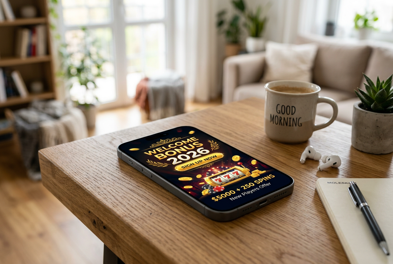 A modern smartphone displaying casino bonus offers on a digital screen.