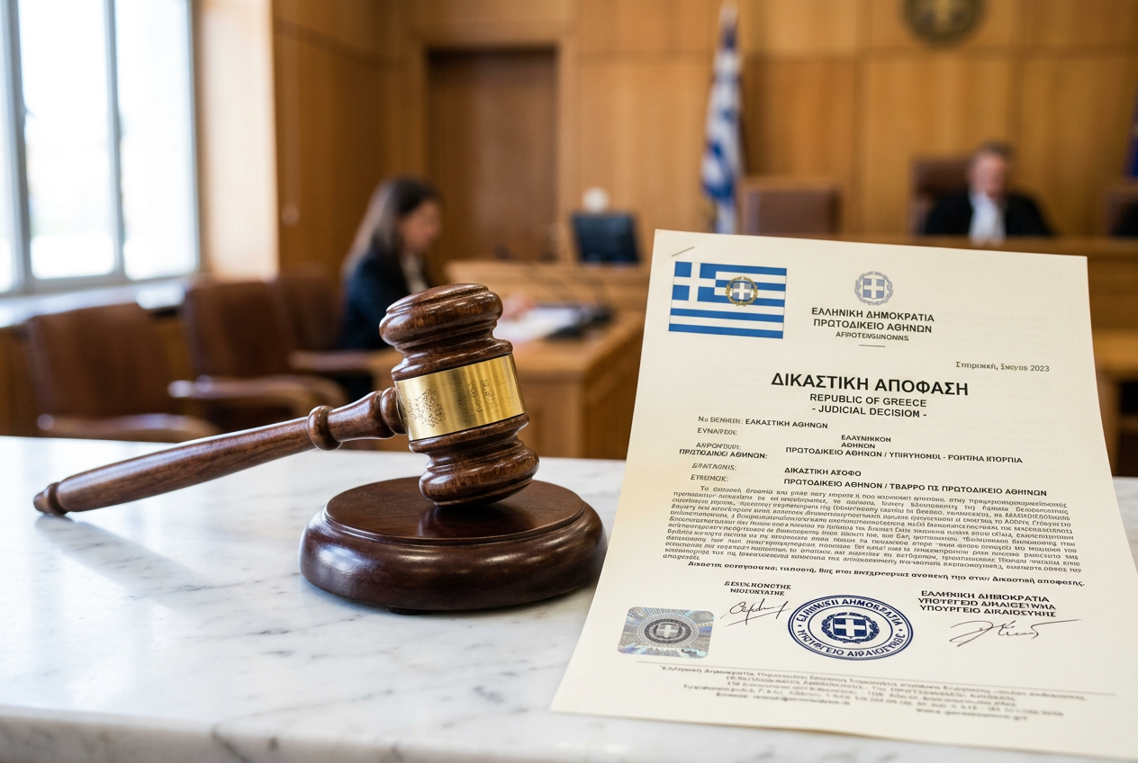 A wooden gavel and a document representing gaming licenses in Greece.